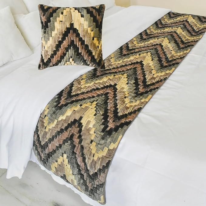 The HomeCentric King/Queen/Twin Beige Designer Full 68"x18" Bed Runner with 2 Pillow Cover, Abstract, Chevron, Quilted Bed Scarf on Suede Velvet Fabric - Paramount