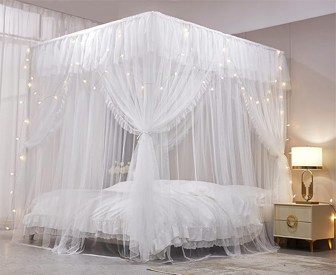 VETHIN 4 Corners Post Ruffle Princess Bed Canopy Curtain-Double Layer Cozy Drape Netting 4 Opening Mosquito Net for Girls Adults Bedroom Decoration (White/White, 59" W*82" L*82"*H/(Queen))