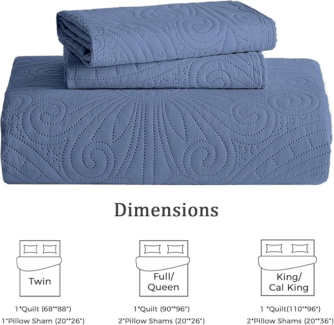 WURUIBO King/Cal King Quilt Set Bluish Grey,Ultrasonic Embossed Bedspread, Lightweight Microfiber Coverlet, Modern Thin Bedding Set for All Season, 3 Piece(1 Quilt,2 Pillow Shams)