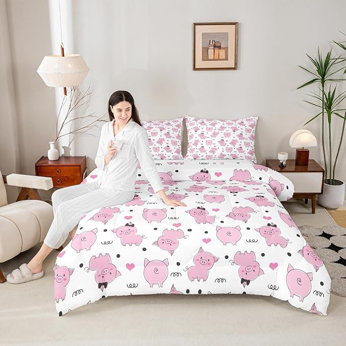 Erosebridal Pink Pig Comforter Set for Girls Kawaii Room Decor Twin,Cute Pigs Bedding Set for Kids Boys Children Farm Animal Quilted Duvet Sets Cartoom Style Soft Lightweight Down Comforter 2 Pcs