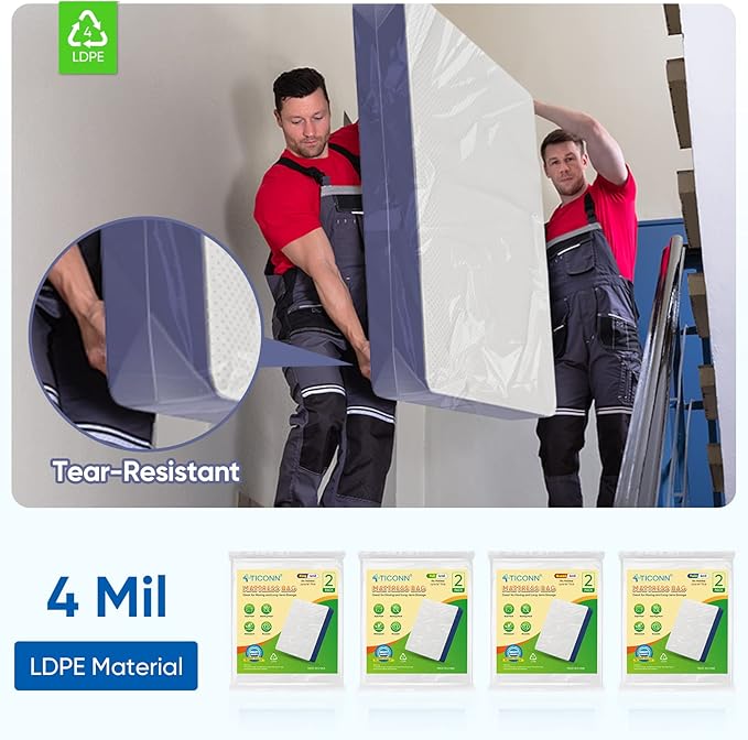 TICONN 2PK Plastic Mattress Bag for Moving Storage, Waterproof Mattress Protector Cover, Heavy-Duty Mattress Moving Supplies (4 mil, Full)