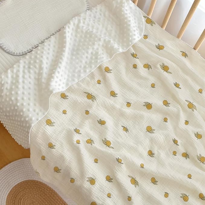 Fluffy-backed Swaddle Blankets Baby Double Layer Muslin 100% Cotton Front Nursery Plush Dotted Fleece Back Receiving Bed Quilt Blanket for Unisex Newborn Baby Toddler Boys Girls 30 x 41 Inches