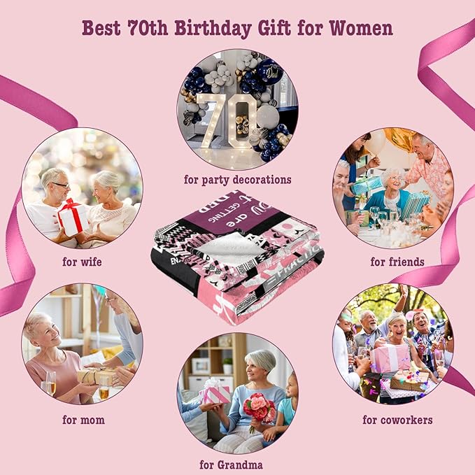 70th Birthday Gifts for Women, Happy 70th Birthday Decorations, 1956 Birthday Gifts for 70 Year Old Woman, Soft Flannel Pink Throw Blanket 60”X50”