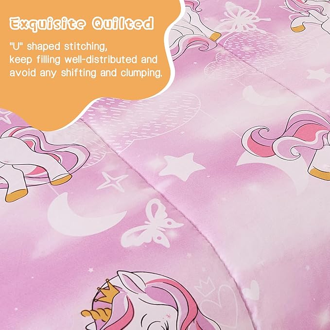 Yibeizi Unicorn Kids Comforter Set for Girls Full Size, Cute Quilted Lavender Printed Bedding Set with Pillow Sham, Lightweight Soft Breathable Machine Washable Bed Set 3 Piece