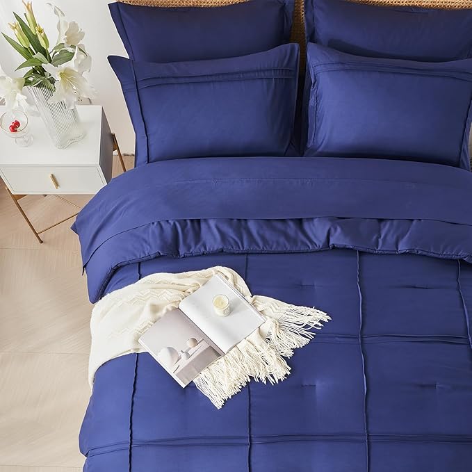 Yogeneg Full Size Comforter Set 7 Piece Bed in a Bag,Grid Pinch Pleat Navy Blue Bedding Set,Striped Textured Soft Microfiber Comforter with Sheet Set,All Season Complete Bed Set(Navy Blue,Full)