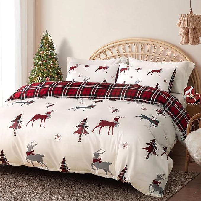 Lekesky Christmas Duvet Cover King Size,3 Pieces Reversible Red Plaid Reindeer Snowflake Holiday Bedding Set with Zipper Closure and Corner Ties(1 Duvet Cover 104x90 inches + 2 Pillowcases)
