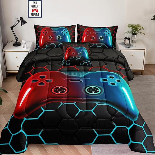 5 Pieces Bed in a Bag for Boys Bedding Sets Twin Size,Gamer Comforter Sets for Boys Kids, Gaming Comforter Set for Teens Room Decor with Flat Sheet,Fitted Sheet,Pillowcase,Cushion Cover