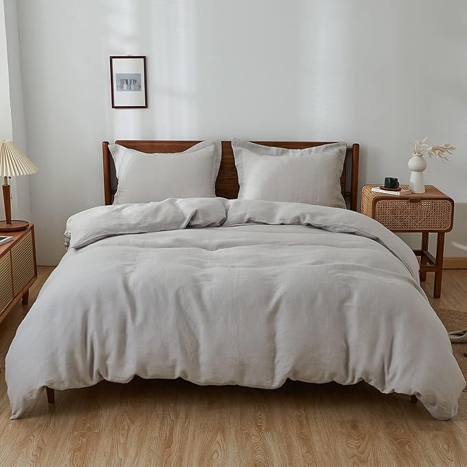 Simple&Opulence 100% Linen Duvet Cover Set, 3 PCS Natural French Flax Light Grey Duvet Cover Full Size, Breathable Soft Comfy Linen Bedding Comforter Cover with 2 Pillowcases(Light Grey, 78"x86")