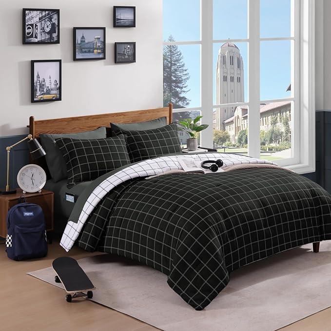 Plaid Twin XL Comforter Set Black, Reversible Checkered Bedding Set 5 Pieces for Boys Girls Teen, Lightweight Bed in a Bag for Dorm with Sheets, Pillowcase & Sham