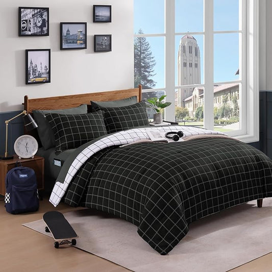Plaid Queen Comforter Set Black, Reversible Checkered Bedding Set 7 Pieces for Boys Girls Teen, Lightweight Bed in a Bag for Dorm with Sheets, Pillowcases & Shams