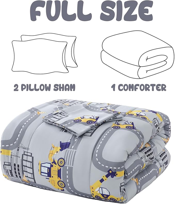 Yibeizi Full Size Bed Comforter Sets, Kids Lightweight All-Season Comforter Set Cute Truck Pattern Microfiber Breathable Hypoallergenic Soft Oeko-Tex Bedding Comforter Sets