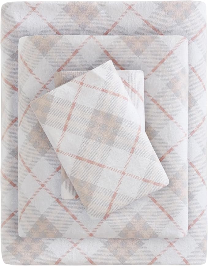 True North by Sleep Philosophy Cozy Flannel Warm 100% Cotton Sheet - Novelty Print Animals Stars Cute Ultra Soft Cold Weather Bedding Set, King, Pink Plaid 4 Piece