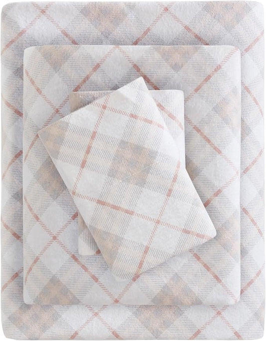 True North by Sleep Philosophy Cozy Flannel Warm 100% Cotton Sheet - Novelty Print Animals Stars Cute Ultra Soft Cold Weather Bedding Set, King, Pink Plaid 4 Piece