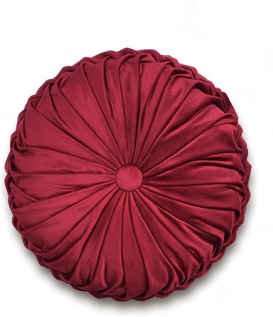 Lush Decor Round Pleated Soft Velvet Decorative Throw Pillow, 1 Count, 15" Diameter, Red - Plush Round Pillow, Seat Cushion, Decorative Pillows For Bed, Couch, Or Chair