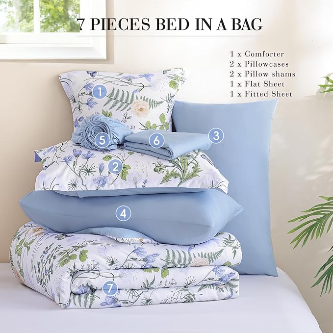 Yiran Queen Comforter Set, 7 Pieces Blue White Floral Soft Bedding Sets, Queen Bed in a Bag with Botanical Flowers All Season Comforter, Sheets, Pillowcases & Shams