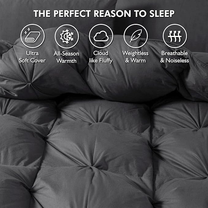 Luxurious All-Season Goose Down Feather Fiber Comforter Queen Size Duvet Insert, Exquisite Pinch Pleat Ruffled Twisted Flower, Premium Baffle Box, 100% Egyptian Cotton Cover, 60 oz. Fill Weight, Gray