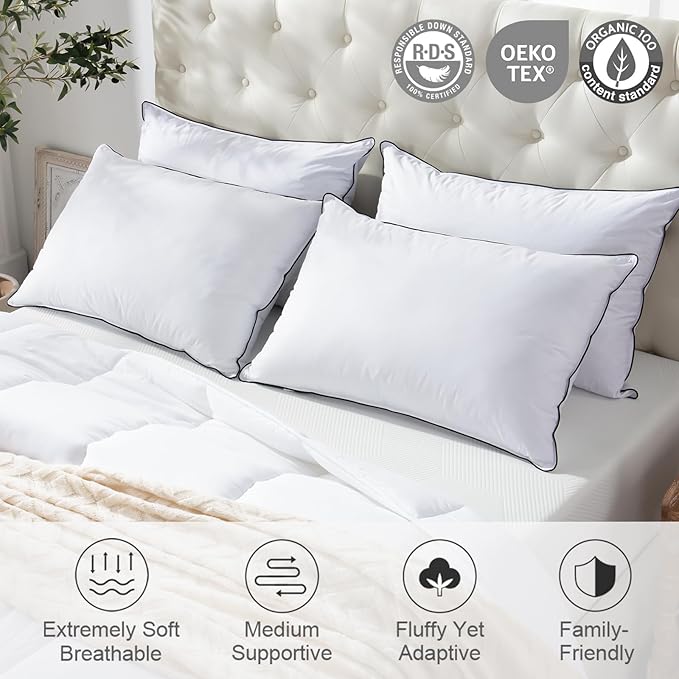 APSMILE Medium Firm Feathers Down Pillow Standard Size Set of 2, Luxury Feathers Pillow for Sleeping, 100% Organic Cotton Cover Hotel Bed Pillow for Side Sleeper (White, 20"x26")