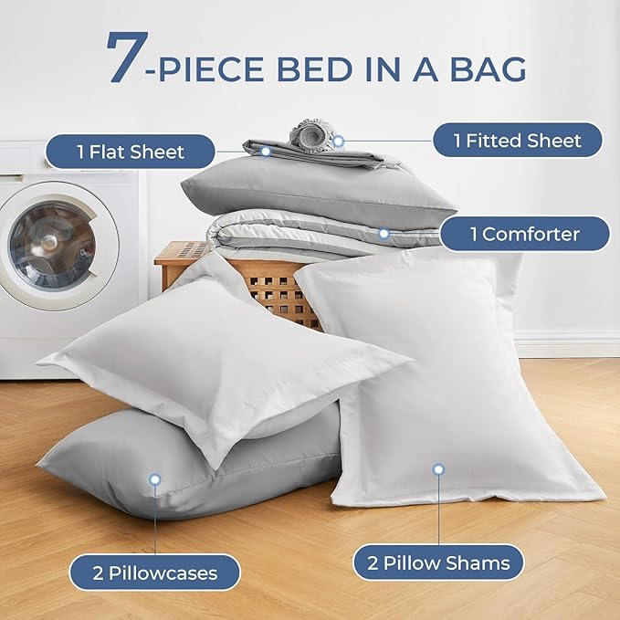Sasttie King Size Comforter Set, 7 Pieces Bed in a Bag King, Complete Bedding Set Includes Comforter, Flat Sheet, Fitted Sheet, Pillowcases and Pillow Shams, Ivory & Light Grey
