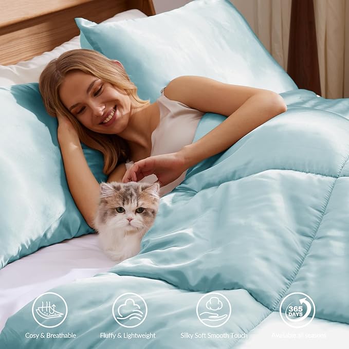 Whale Flotilla 3-Piece Reversible Silky Soft Queen Comforter Bedding Set, Luxurious Satin Comforters Full Size with 2 Satin Pillowcases, Lightweight Duvet for All Seasons, Haze Blue