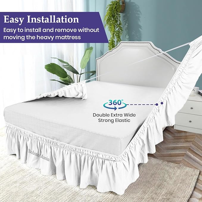 Wrap Around Bed Skirt 12" Inch Drop 100% MicrofibreFabric 1-Piece Bed Skirt Easy Fit Easy Care Fade & Wrinkle Resistant - Queen Size (60"X80"), White