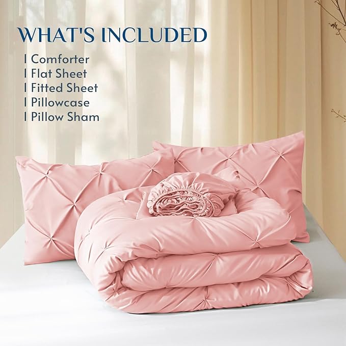 JOLLYVOGUE Twin Comforter Set 5 Pieces - Bed in a Bag Twin for All Season, Pintuck Bedding Comforter Sets with Comforter, Flat Sheet, Fitted Sheet and Pillowcases & Shams, Pink