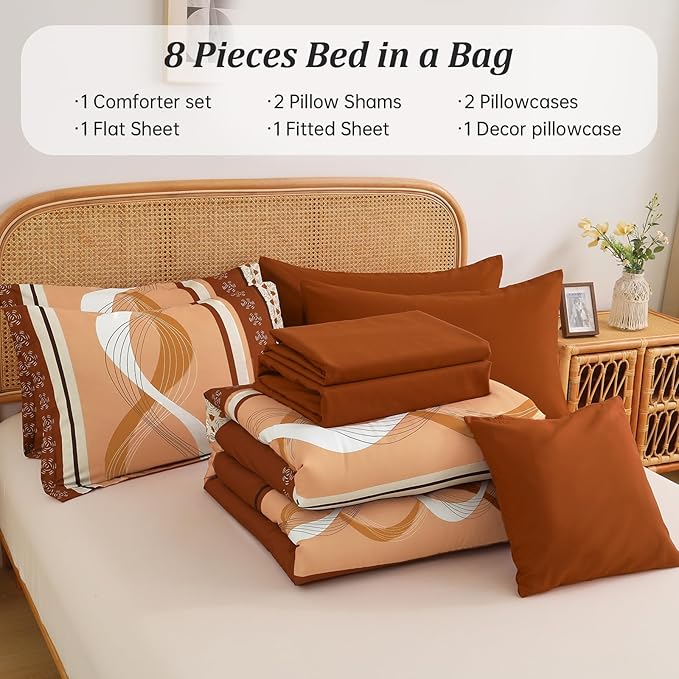 Anibedding Comforter Set Queen Size,8 Pieces Burnt Orange Bed in a Bag Patchwork Striped Bedding Sets,Boho Soft Microfiber Bedding Set for All Season(90"×90")