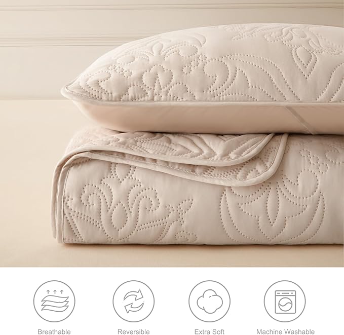 Whale Flotilla Soft Queen Quilt Bedding Set for All Seasons, Vintage Damask Ultrasonic Full Size Quilts Set, Lightweight Reversible Bedspread, Coverlet, Bed Cover with 2 Pillow Shams, Brich Beige