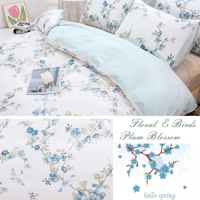 URBONUR Blue Floral Duvet Cover Set Queen Size 100% Cotton 3 Pieces Bedding Comforter Cover with Button Closure Birds on White Comforter Cover Sets, Soft Cooling Bedding Queen
