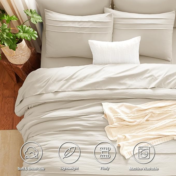 CozyLux Full Size Comforter Sets Beige, 7 Pieces Soft Pinch Pleat Bed in a Bag Full Comforter Set with Sheets, Boho Bed Set with Down Alternative Comforter, Sheets, Pillowcases & Shams
