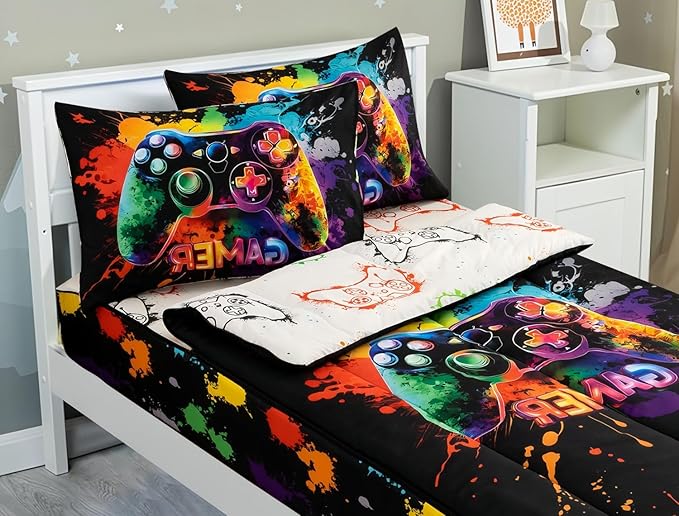 Meeting Story 3pcs Kids Comforter Set Twin Zip up Bedding Set for Boys,Kid Bedding Set Game Print Comforter Set for Kid,All in one Zipper Bedding（Darkblack,Twin）