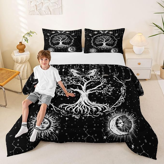 Feelyou Sun and Moon Comforter Bohemian Tree Butterfly Style Bedding Set Psychedelic Hippie Comforter Set for Boys Girls Children Teens Bedroom Decor Galaxy Astrology Duvet Set Full Size