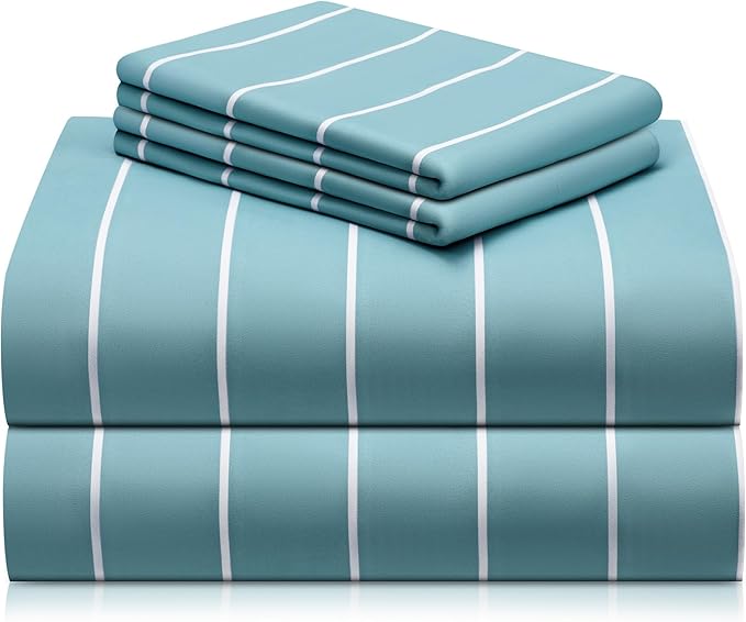 LuxClub 4 PC Full Size Sheet Set, Breathable Luxury Bed Sheets, Deep Pockets 18" Wrinkle Free Cooling Machine Washable Hotel Bedding (Striped Light Blue)
