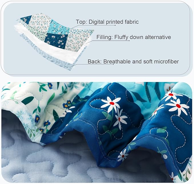 Whale Flotilla Patchwork Quilt King Size, Extra Soft Boho Floral Bedspreads for Bed Reversible Lightweight King Quilt Bedding Set Printed Coverlets with 2 Pillow Shams for All Seasons, Blue