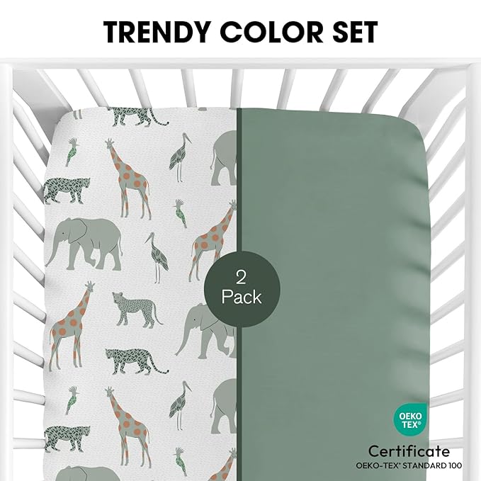 Little Grape Land Crib Sheets for Boys and Girls 2pk Baby Crib Fitted Sheet for Standard Size Crib and Toddler Mattress Super Soft Baby Sheet, Safari