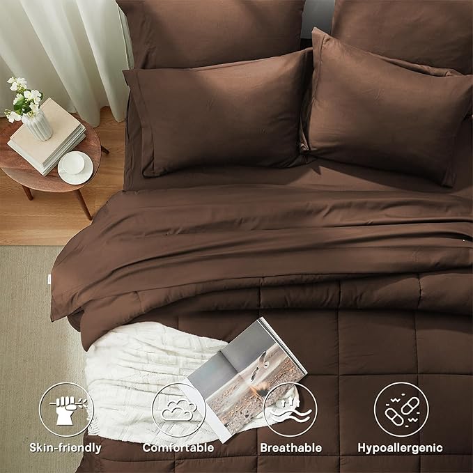 Anluoer Full Size Bed in a Bag 7 Pieces, Brown Bed Comforter Set with Sheets, All Season Bedding Sets with 1 Comforter, 2 Pillow Shams, 2 Pillowcases, 1 Flat Sheet, 1 Fitted Sheet