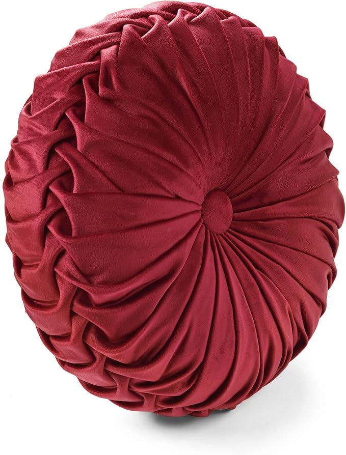 Lush Decor Round Pleated Soft Velvet Decorative Throw Pillow, 1 Count, 15" Diameter, Red - Plush Round Pillow, Seat Cushion, Decorative Pillows For Bed, Couch, Or Chair