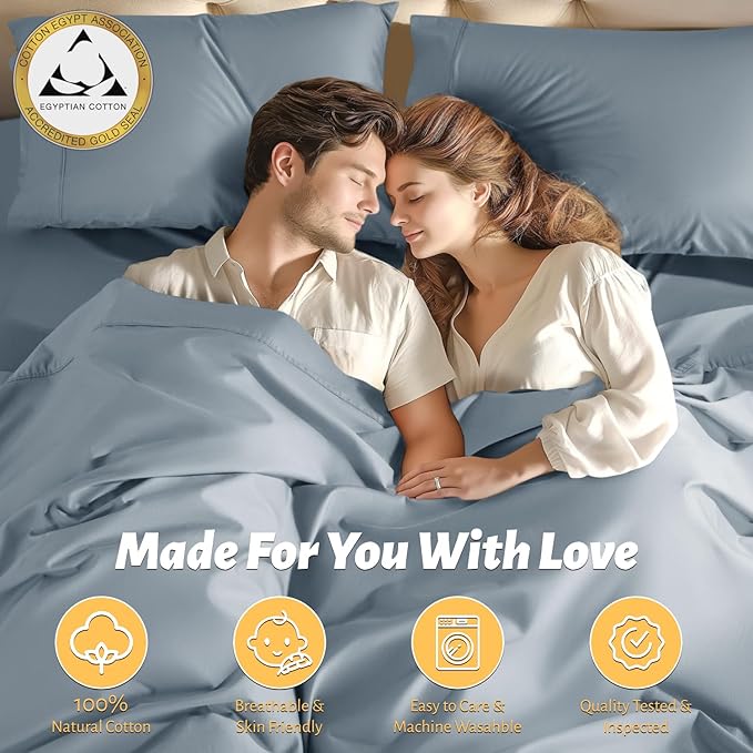 Shilucheng 100% Egyptian Cotton Queen Size Sheets Set - 1000 Thread Count，Luxury Cotton Bed Sheets，Breathable & Cooling Bedding and Pillow Cases, 16 Inch Deep Pocket - 4 Piece (French Blue, Queen)