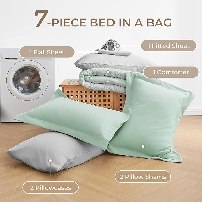 Sasttie Queen Comforter Set, 7 Pieces Bed in a Bag Queen, Complete Bedding Set Includes Comforter, Flat Sheet, Fitted Sheet, Pillowcases and Pillow Shams, Sage & Light Grey