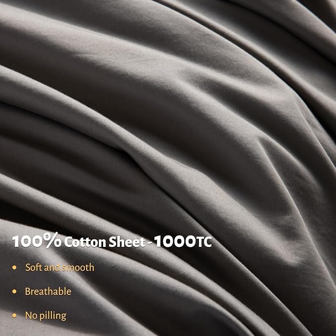 Shilucheng 100% Egyptian Cotton King Size Sheets Set - 1000 Thread Count，Luxury Cotton Bed Sheets，Breathable & Cooling Bedding and Pillow Cases, 16 Inch Deep Pocket - 6 Piece (King, Grey)