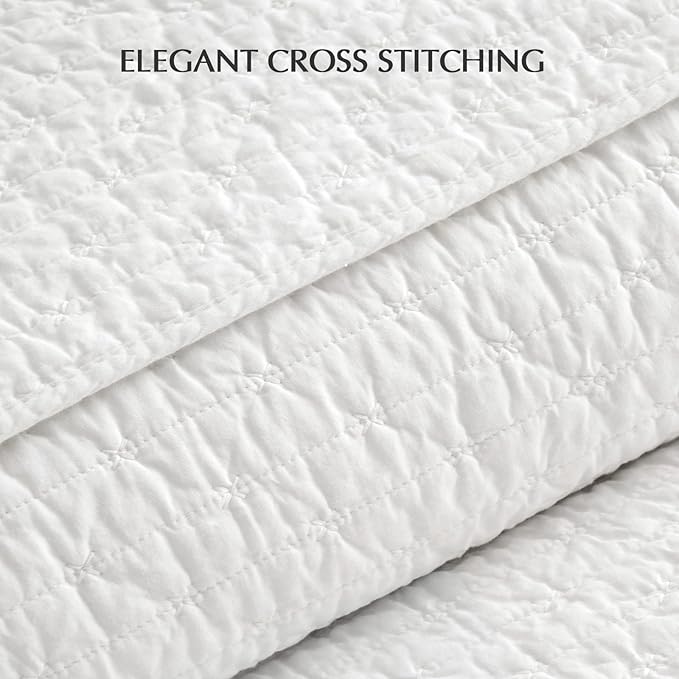 EVERGRACEHOME Cross Stitch Pre-Washed Cotton Quilt Bedding Set Queen Size, Oversized 3 Pieces Lightweight Bedspread Coverlet for All Season, with 2 Matching Shams, Bright White, 92"x96"