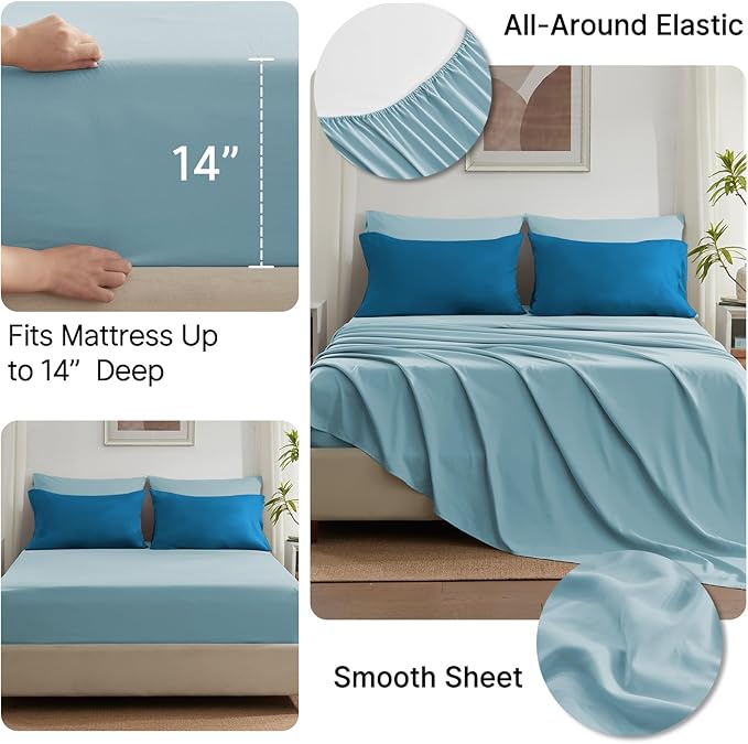 Anluoer Queen Comforter Set,Teal&Light Blue Bed in a Bag 7 Piece,Lightweight Bedding Set with Soft Down Alternative Fill,Bed Set Includes Comforter, Fitted Sheet, Flat Sheet,Pillowcases and Shams