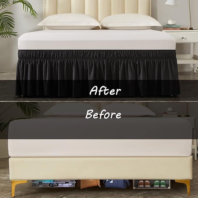 MEILA Wrap Around Bed Skirt Three Fabric Sides Elastic Dust Ruffled 18 Inch Tailored Drop,Easy to Install Fade Resistant-Black, Queen/King