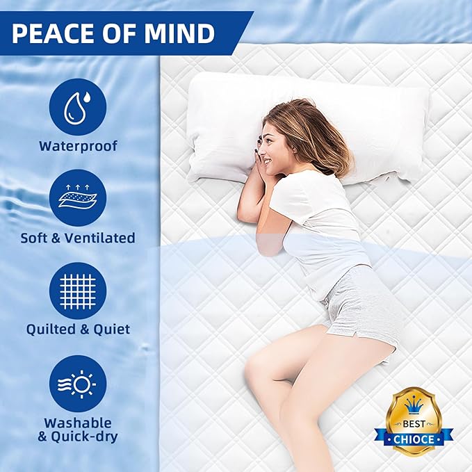Padded Queen Mattress Protector, Breathable Waterproof Mattress Pad Cover Fitted Deep Pocket 8"-21", Soft Noiseless Mattress Cover Washable Cooling for Home Hotel Bedroom, White