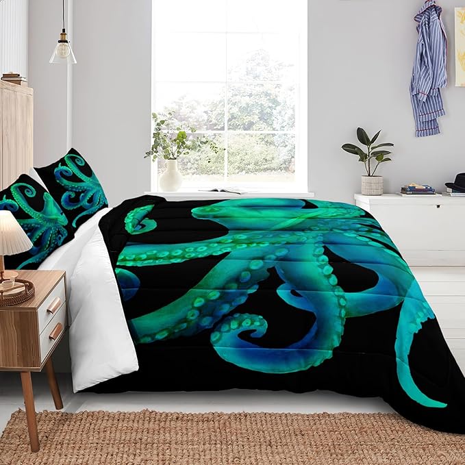 Bedbay Ocean Octopus Comforter Set Queen Size Ocean Animal Comforter Set for Kids Teens Sea Marine Themed Octopus Bedding Tentacles Pattern Queen Bedding Set