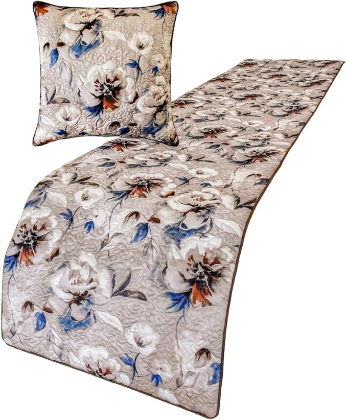 The HomeCentric King/Queen/Twin Ivory Luxury King 90"x18" Bed Runner with Two Pillow Cover, Floral, Quilted Bed Scarf on Satin Fabric - Floral Harmony