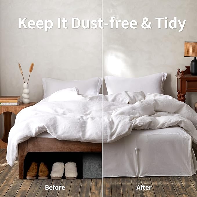 BISELINA French Linen Bed Skirt Split Corner with Button 14-Inch Tailored Drop Natural Flax Cotton Blend Basic Dust Ruffle Soft Cozy (14" King,Button White)