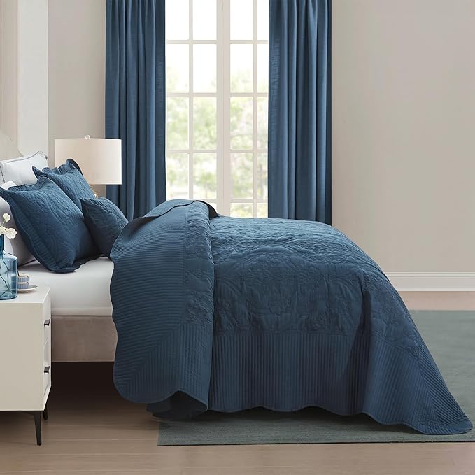 CHIXIN Bedspread Coverlet Set Queen Size - Lightweight Bedding Cover - Beautiful Stitching - 5 Piece Reversible Bedspread - Gorgeous Damask Paisley Pattern (Queen, Navy)