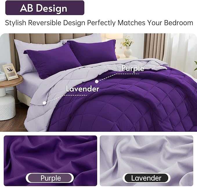 MUXHOMO 7 Pieces California King Comforter Set, Reversible Bed in a Bag Cal King Size, All Season Bedding Set with Comforter, Flat Sheet, Fitted Sheet, Pillowcases & Shams, Purple & Lavender