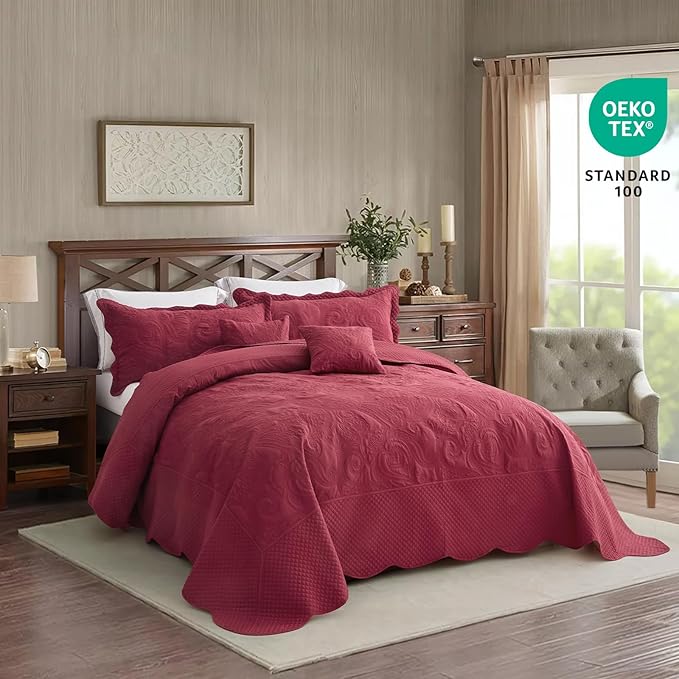 Oversized King Bedspread 128x120 Extra Wide, Paisley Pattern Design, Lightweight Bedding Cover, Reversible, 5 Piece, 100% Microfiber, Wine Red