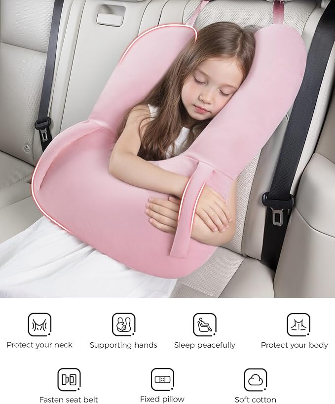 BEBAS U-Shaped Kids Travel Pillow for Car Travel Accessories for Children Adults - Soft Breathable Supports Neck Head for Sleeping - Adjustable Strap for Airplane Long Road Trip